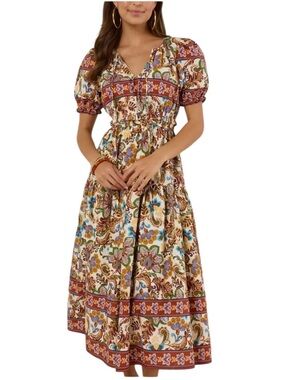 Avara Darcy multicolor floral v-neck tiered puff sleeve boho midi dress